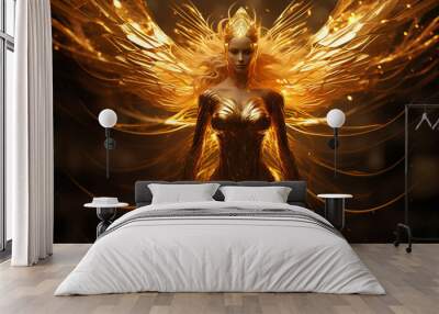 Fantasy concept. Beautiful golden phoenix woman humanoid portrait. Girl silhouette rises like Phoenix from ashes with flames and fire. Model with wings. Generative AI Wall mural