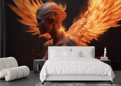 Fantasy concept. Human silhouette rises like Phoenix from ashes with flames and fire. Generative AI Wall mural