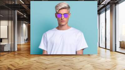 Fashion, lifestyles, commercials concept. Young and gorgeous man portrait wearing white t-shirt. Bright and muted colors, youth style. Blank white t-shirt with copy space. Generative AI Wall mural