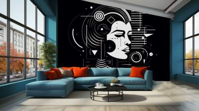 Fine-art portrait concept. Abstract and surreal dreamlike beautiful woman minimalist portrait. Sketch, three dimensional, tiny detailed drawing style. Black and white image Wall mural