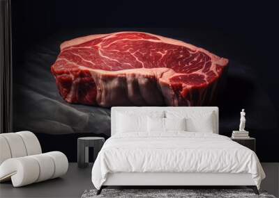 Food concept. Raw meat steak on black background with copy space. Generative AI Wall mural