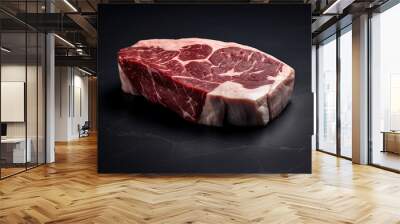 Food concept. Raw meat steak on black background with copy space. Generative AI Wall mural