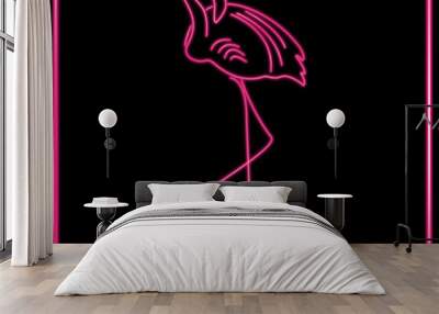 Glowing pink flamingo bird neon sign on black background Wall mural