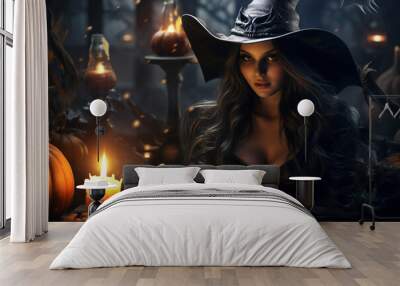 Halloween holidays or festival concept. Beautiful young woman in halloween style background. Generative AI Wall mural