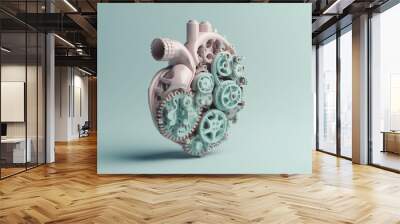 Heart made of gears and other mechanical parts. Retro, pop-art style, clean background, pastel colors. Generative AI Wall mural