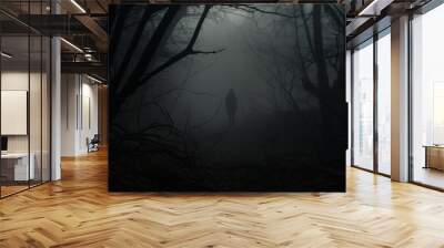 Horror, fantasy, mystery and landscape concept. Dark human or ghost silhouette standing in dark forest. Dense forest covered with mist or fog. Dark tree trunks in background. Generative AI Wall mural