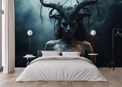 Horror, fantasy, sci-fi, culture and religion, make-up concept. Evil and demonic looking woman with horns and make-up horror and fantasy portrait. Dark moody background. Generative AI Wall mural