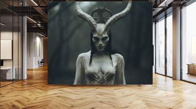 Horror, fantasy, sci-fi, culture and religion, make-up concept. Evil and demonic looking woman with horns and make-up horror and fantasy portrait. Dark moody background. Generative AI Wall mural