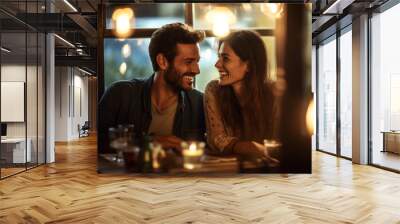 Lifestyles, relationship concept. Beautiful couple take dinner in cozy restaurant. Two young happy people spending time together. Generative AI Wall mural