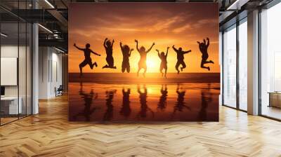 Lifestyles and leisure concept. Young adults people and friends dark silhouettes jumping into air at beach during sunset. Generative AI Wall mural