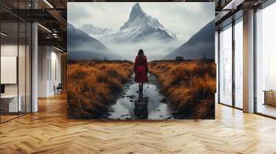 Nature, states of mind, travel concept. Woman with red coat walking on dirty path between dry meadow toward the mountains which are covered with clouds Wall mural