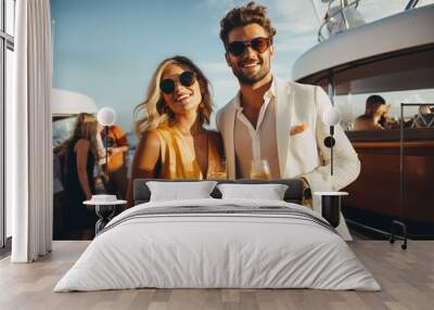 People and lifestyles concept. Beautiful and rich young men and women in luxury party on yacht. Multicultural young adult friends celebrating during summer time. Generative AI Wall mural