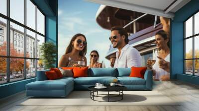 People and lifestyles concept. Beautiful and rich young men and women in luxury party on yacht. Multicultural young adult friends celebrating during summer time. Generative AI Wall mural