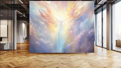 Religion, culture and sacral concept. Abstract visualization of God light in clouds visualization and interpretation illustration. Vivid pastel colors. Background with copy space. Generative AI Wall mural