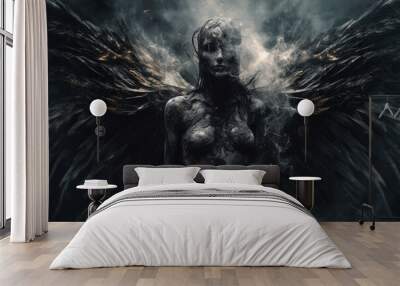 Religion, fantasy, fashion, good and evil concept. Abstract and surreal looking angel with wings illustration. Generative AI Wall mural