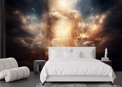 Religion and sacral concept. Abstract visualization of God light in clouds visualization. Generative AI Wall mural