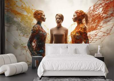 Sci-fi, communication, states of mind concept. Abstract and surreal illustration of three people connection. Minimalist fantasy style, detailed ornate graphics of models Wall mural