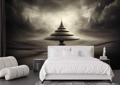 States of mind, psychology, culture and religion concept. Human silhouette sitting in meditation pose in surreal and mystical world background Wall mural