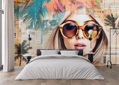 Stylish retro poster with beautiful young lady wearing sunglasses on summer background with newspapers, magazines and palm trees. Fashion pop art woman portrait illustration and collage. Generative AI Wall mural