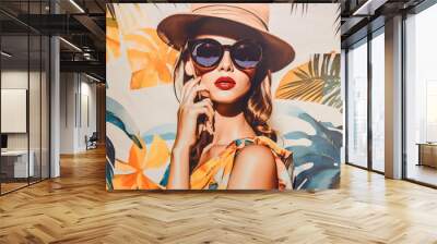 Stylish retro poster with beautiful young lady wearing sunglasses on summer background with newspapers, magazines and palm trees. Fashion pop art woman portrait illustration and collage. Generative AI Wall mural