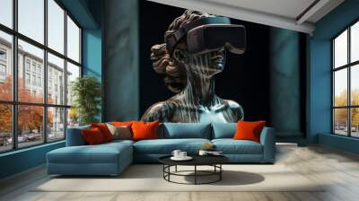 Technology, history and fine-art concept. Roman woman sculpture wearing virtual reality goggles. Bust of female with glasses. Generative AI Wall mural