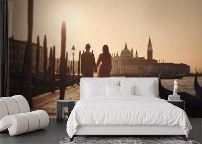 Travel, vacation, romance concept. Young couple traveling and walking in Venice, Italy. Gondolas, canals, old town in background. Man and woman view from behind. Sunset summer. Generative AI Wall mural