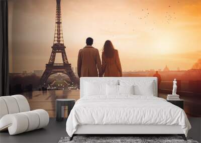 Travel, vacation, romance concept. Young couple walking in Paris. Eiffel tower in background. Man and woman view from behind. Generative AI Wall mural