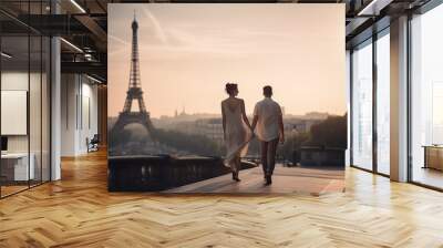 Travel, vacation, romance concept. Young couple walking in Paris. Eiffel tower in background. Man and woman view from behind. Generative AI Wall mural