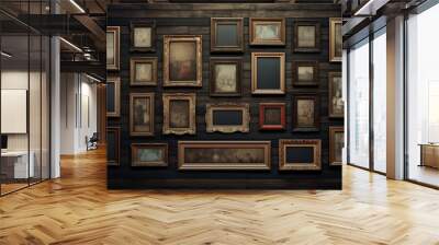 Various wooden retro vintage frames hanging on wall with copy space background. Frames on grunge old wall. Frames for painting or photograph. Generative AI Wall mural