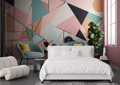 Very cozy retro vintage interior background. Chairs, shelves, plants and other furniture placed in room with beautiful colorful wall with various geometric shapes pattern copy space. Generative AI Wall mural