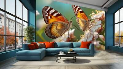 Butterfly perched on a flower, in a close-up photo Wall mural