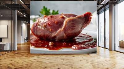 duck meat on a white table in a close-up photo Wall mural