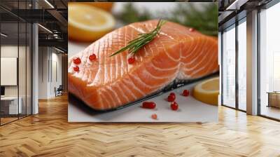 salmon meat on a white table in a close-up photo Wall mural