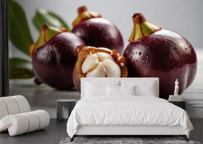 splash of mangosteen on a white table, in a close-up photo Wall mural