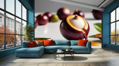 splash of mangosteen on a white table, in a close-up photo Wall mural