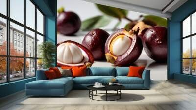 splash of mangosteen on a white table, in a close-up photo Wall mural