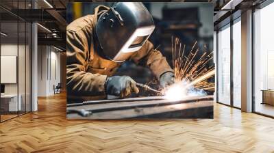 Worker Wearing Full Protective Gear While Welding Metal in a Workshop Wall mural