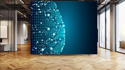 Big data and artificial intelligence concept. Machine learning and cyber mind domination concept in form of human brain outline outline with circuit board and binary data flow on blue background. Wall mural