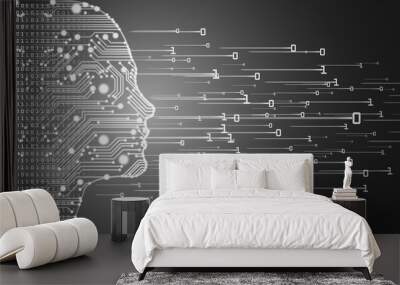 Big data and artificial intelligence concept. Machine learning and cyber mind domination concept in form of women face outline outline with circuit board and binary data flow on silver background. Wall mural