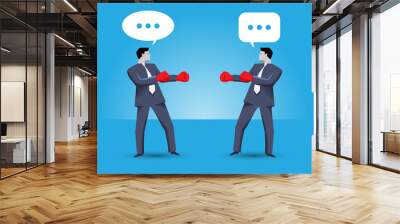 tough negotiation business concept. two businessmen standing against each other, wearing boxer glove Wall mural