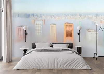 Aerial View of a Modern City Shrouded in Vapor with Colorful High-Rise Buildings Wall mural