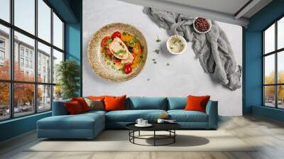 Delicious Grilled Squid with Tomatoes and Olives on a Rustic Plate Wall mural