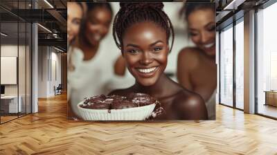 Diverse Group of Young Women Baking and Enjoying Chocolate Muffins in a Bright, Vintage-Style Kitchen Wall mural