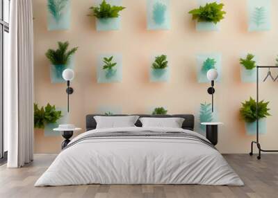 Elegant Overhead Botanical Arrangement in Transparent Bags on Cream Background Wall mural