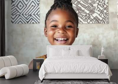 Happy Young Girl Making Faces - Bright Day Indoors in African Print Dress Wall mural