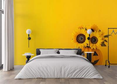 Minimalist Yellow Jack-o-Lantern with Sunflower Eyes for Modern Halloween Decor Wall mural