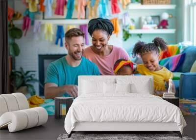 Multiracial Family Creating Handmade Clothing at Home, Laughing in a Brightly Lit Living Room Wall mural