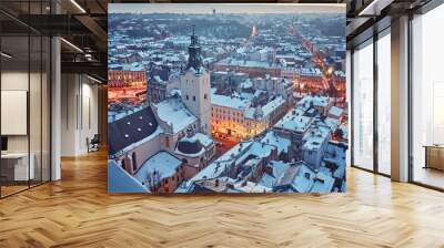 Winter panorama view from the Town Hall on the downtown in Lviv, Ukraine. Old buildings. Wall mural