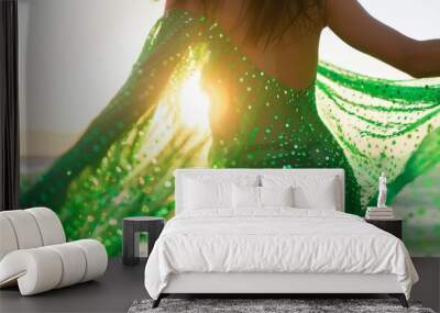 Sunlit Beach Mermaid Athletic Woman in Green Sequined Dress Under Golden Hour Wall mural