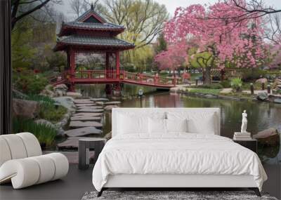 Tranquil Japanese Garden Fused with Urban American Landscape for Asian American and Pacific Islander Heritage Month Wall mural